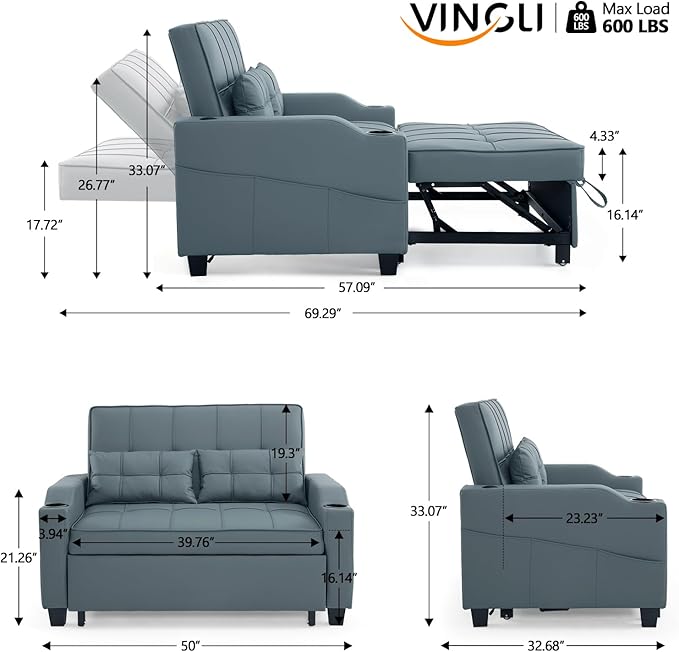 VINGLI Blue Grey Futon Sofa Bed Convertible Loveseat Sleeper Couch Faux Leather Pullout Sofa Fold Out Couch Bed with USB Ports Cup Holders Armrest for Living Room Bedroom Apartment Room