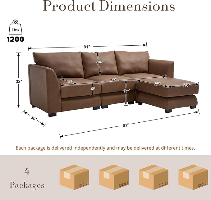 HEAH-YO 91 Inch Modular Sectional Sofa 3-Seater Sectional Couch with Movable Ottoman L Shaped Comfy Cloud Couch for Living Room PU Brown