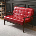 Modern Mid-Century Modern Faux Leather Loveseat Sofa with Tufted Back in Solid Color for Living Room Apartment and Small Space Red Oiled Leather 55 L x 25.5 W x 27.5 H Brown Wood Leg