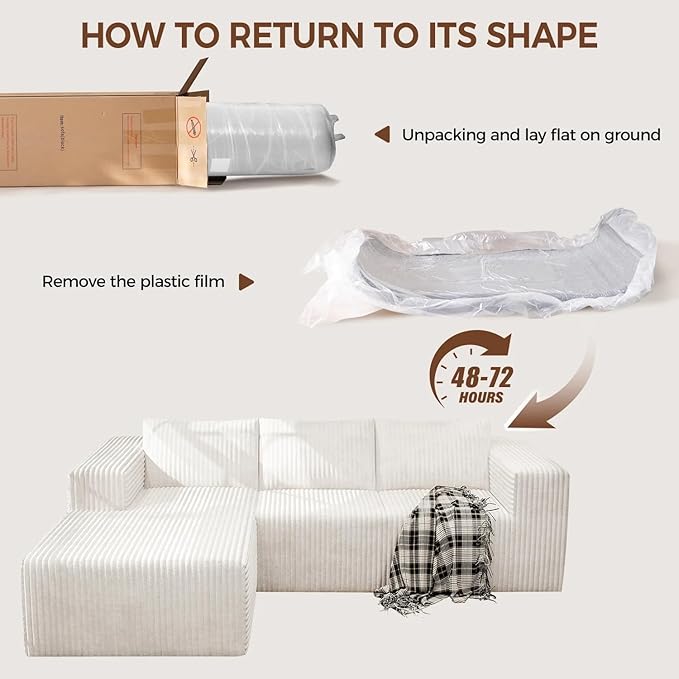 94 Modular Sectional Sofa Boneless Couches for Living Room L-Shape Sofa CouchesCloud Couch Sectional Comfy Corduroy Sofa with Deep Seat No Assembly Required (White 94+Left Facing Chaise)