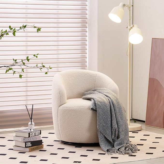 Antetek Small Swivel Chair Club 360 Degree Swivel Barrel Chair Modern Leisure Arm Chair for Nursery Living Room Hotel Bedroom Office Lounge Ivory