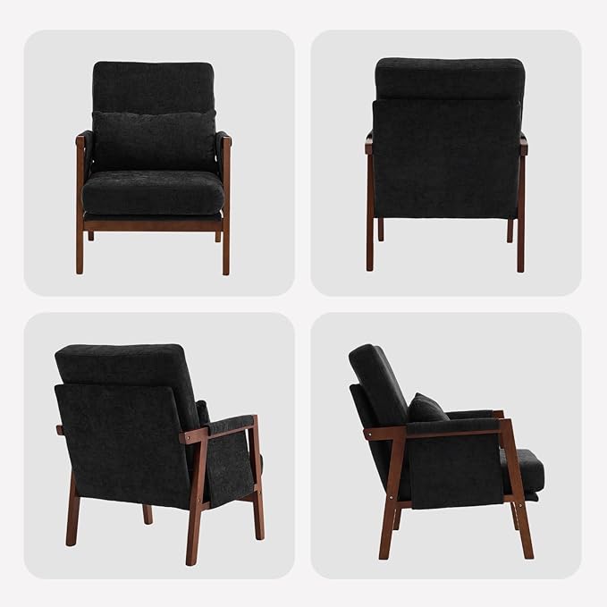 Accent Chairs Set of 2 Mid-Century Modern with Lumbar Support Pillow Upholstered Living Room Chairs with Wooden Chenille Armchair with Cushion Anthropologie Side Chair for Bedroom Black