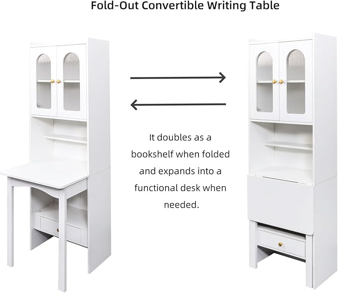 KEIKI Fold-Out Home Office Desks Writing Table with Glass Doors Drawers Bookshelf &amp Storage Shelves Modern Wooden Convertible Workstation for Work Study