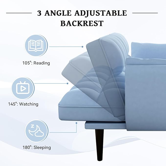 KINFFICT 57 inch Blue Futon Sofa Couch Bed Comfy Velvet Upholstered Loveseat Convertible Sleeper Sofa cama with Adjustable Backrest Mid Century Modern Sofas for Living Room Bedroom Small Space