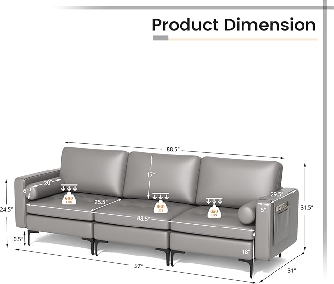 Giantex 97 Sectional Sofa Couch 3-Seater Modular Sleeper with USB Ports 3-Hole Socket Thick Cushion 2 Bolsters Armrest Magazine Pocket Metal Legs for Living Room Reception Bedroom Dark Grey