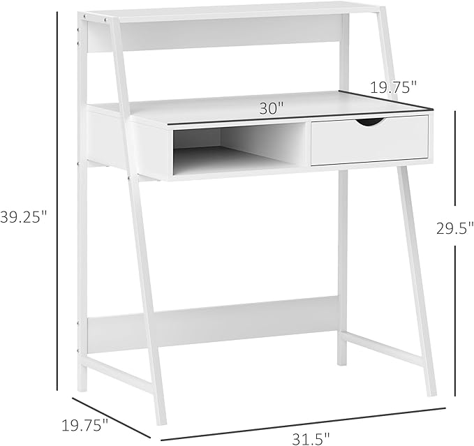 HOMCOM Home Office Desk Computer Desk with A Frame for Small Spaces Writing Table with Drawer and Storage Shelves White