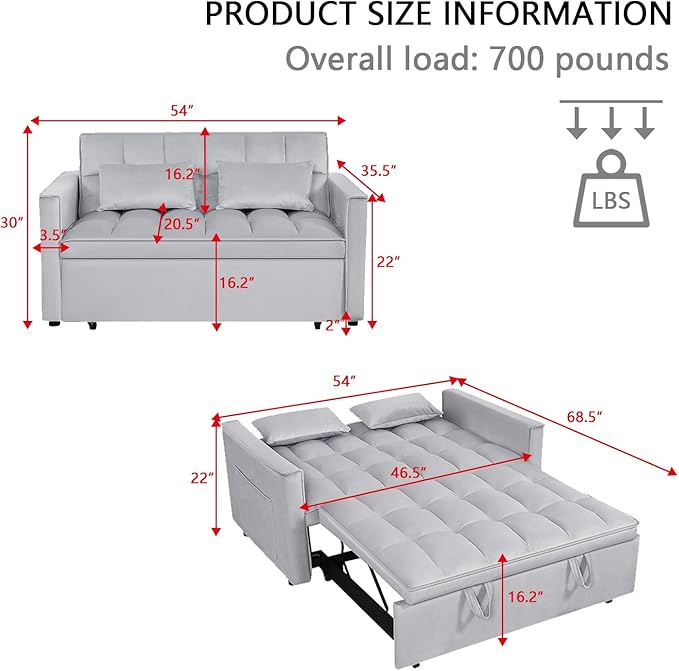 54 Convertible Sofa Bed Velvet Sleeper Sofa with Pull-Out Bed 3-in-1 Futon Couch with Reclining Backrest and Side Pocket Modern Loveseat for Living Room (Silver Grey)