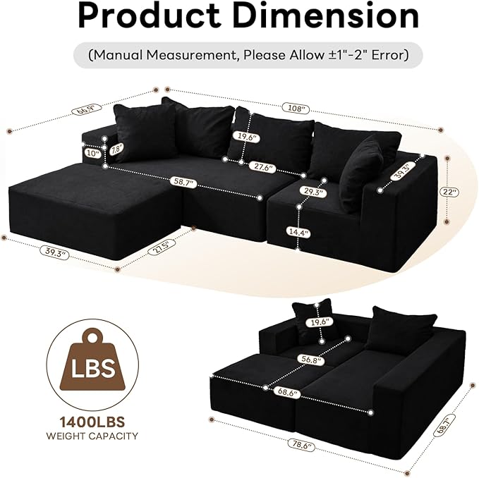Vamcheer Modular Sectional Sofa - Modern L Shaped Boneless Couch with Deep Seat Upholstered Sectional Couches for Living Room Bedroom Office No Assembly Required Black
