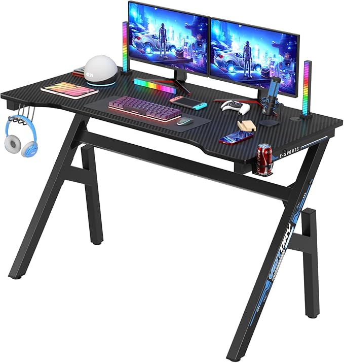 47 Inch Gaming Computer Desk Ergonomic Carbon Fiber PC Table Large Computer Desk PC Gaming Workstation Home Office Desks with Cup Holder Headphone HookBlue