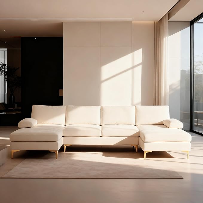 Karl home Convertible Sectional Sofa 110 U-Shape Sofa Couch 4-Seat Couch with Chaise ChenilleFabric Upholstered for Living Room Apartment Office Creamy White