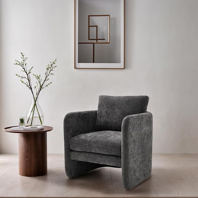 Modern Barrel Accent Chair Single Sofa Chair with Removable Back Pillow Comfy Chenille Upholstered Reading Accent Chair Lounge Armchair for Bedroom Living Room Grey