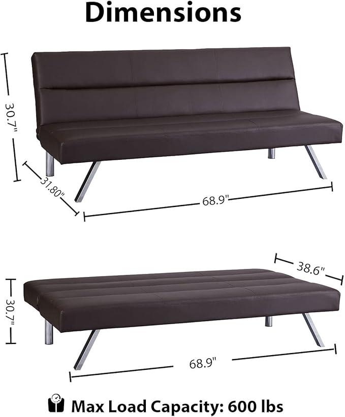 Naomi Home Futon Sofa Bed Faux Leather Futon Couch Modern Convertible Folding Sofa Bed Couch with Chrome Legs Reclining Mini Leather Small for Bedroom Living Room Espresso