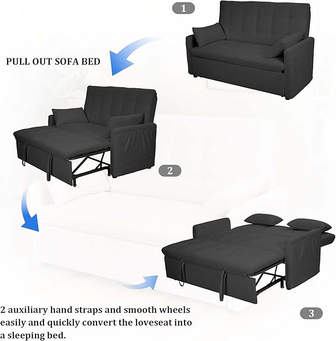 66 Grey Sofa Sleeper Loveseat Sofa Bed Queen Size Pull Out Couch with 2 Pillows Pocket &amp Adjustable Backrest Small Couch Bed for Small Spaces Bedroom Apartment Living Room | Convertible Ad