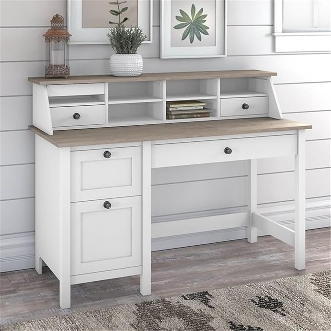 Pemberly Row 54W Computer Desk with Drawers and Organizer Shiplap Gray and White Finish Engineered Wood Modern Farmhouse Style 54W x 23D Home Office Desk with Storage