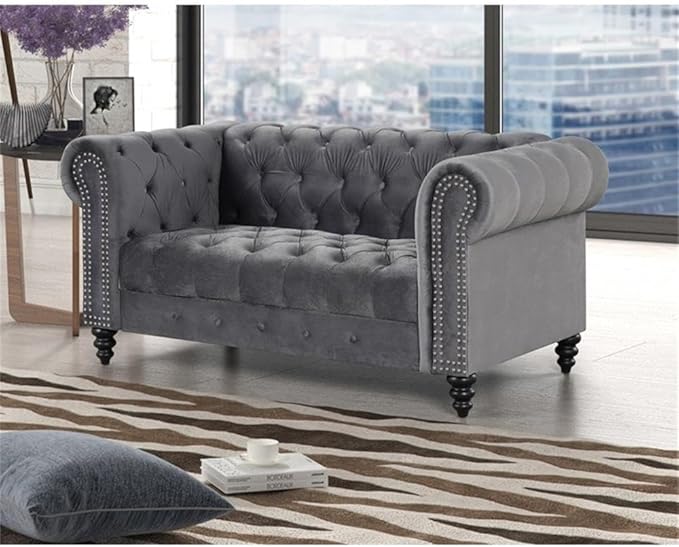 Chesterfield 68 Button Tufted Velvet Fabric Loveseat-Gray