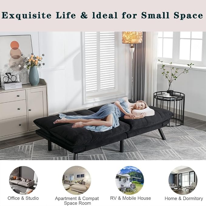71 Velvet Futon Sofa Bed Modern Convertible Futon Sofa Bed Couch Adjustable Armrests and Backrest Sofa Sleeper for Living Room Small Space Apartment Office