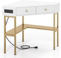 Corner Desk with Charging Station 90° Triangle Desk w/ 2 Drawers Storage Shelves Corner Vanity Table for Bedroom Compact Computer Desk for Small Space