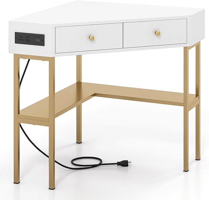 Tangkula Corner Desk with 2 Drawers &amp Built-in Charging Station 90 Degrees Triangle Corner Computer Desk for Small Space Bedroom Makeup Vanity Desk with Storage Shelves Corner Desk (Gold &amp