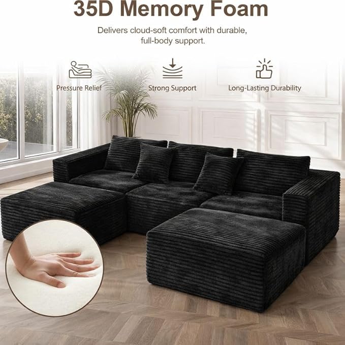 110 Boneless Couch with 2 Ottomans Corduroy U-Shaped Modular Cloud Sofa with Deep Seats Ergonomic Memory Foam Couches for Living Room No Assembly Sectional Sofas 5 Seater Black