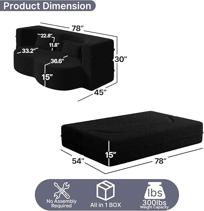 78 Inch Couch Queen Sleeper Loveseat Cloud Sofa Bed Convertible Folding Teddy Full Size Boneless Sofabed for Living Room Guestroom Lazy Lounge Floor Fold Out Sofa Bed No Assembly (Black)