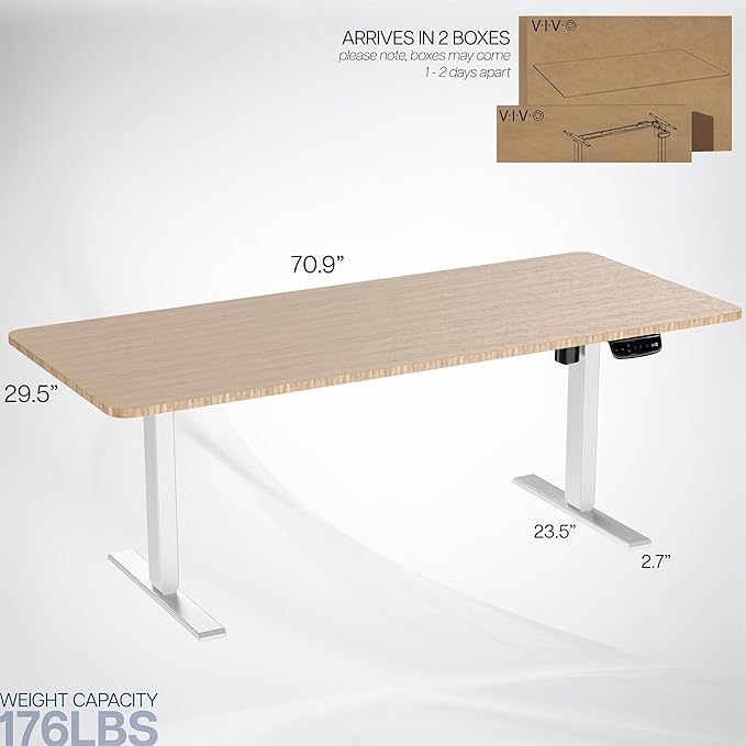 VIVO Electric 71 x 30 in Real Bamboo Standing Desk Touch Screen Adjustment 176 lb Frame Support 2E Series White Frame DESK-KIT-2EW71O
