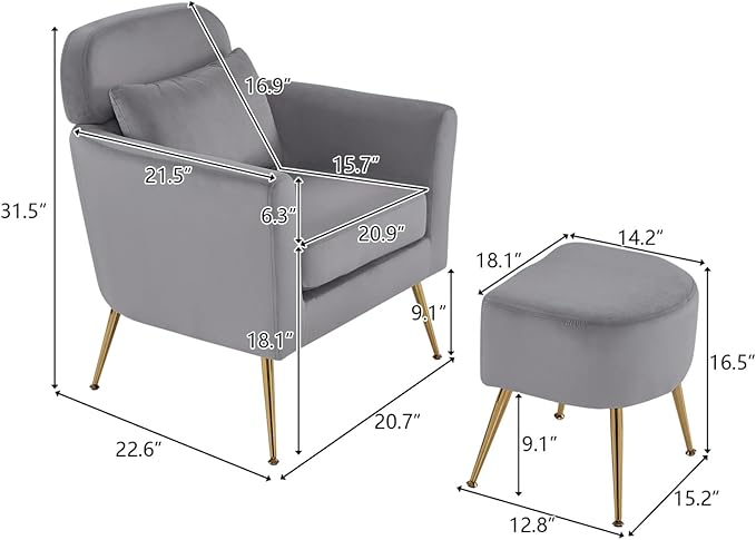 Accent Chair with Ottoman Velvet Wingback Chair with Lumbar Pillow and Footstool Upholstered Single Sofa Chair with Golden Metal Legs Leisure Armchair for Living Room Bedroom Office Dark Gray