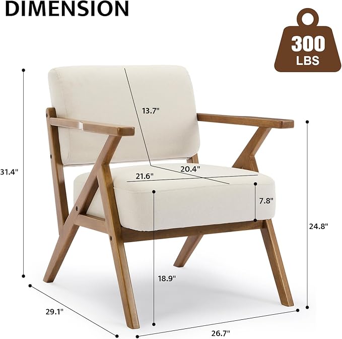 Mid-Century Modern Chair Upholstered Lounge Arm Chair with Solid Wood Frame Thicker Cushion for Living Room Reading Balcony Beige Linen