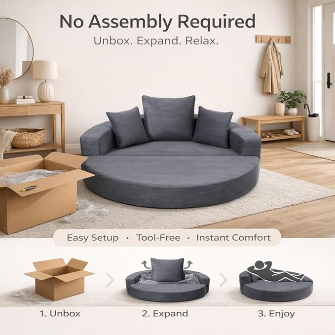 Convertible Round Sofa Bed 67 Corduroy Upholstered Loveseat Sleeper Couch Pull-Out Floor Bed with 3 Pillows No Assembly 550 lbs Weight Capacity (Gray)