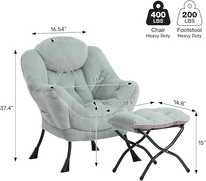 HollyHOME Lazy Chair with Foldable Ottoman Accent Comfy Lounge Armchair and Folding Footrest Stool Leisure Sofa Reading Chair and Footstool for Living Room Bedroom DormFaux Fur Pea Green