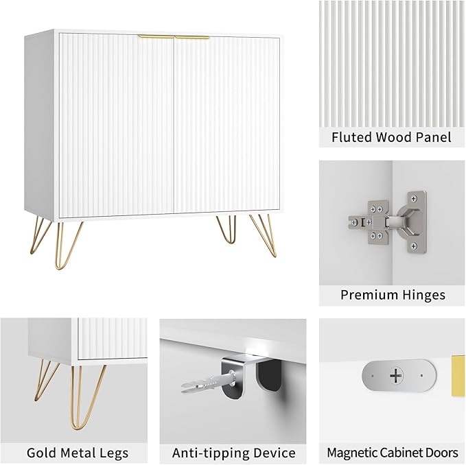 Fluted TV Stand for 60 Inch TV Modern TV Stand White Entertainment Center w/ 2 Storage Cabinets Adjustable Shelves &amp Gold Handles Wood Media Cabinet for Living Room White