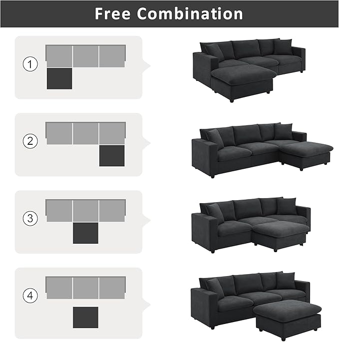 Modular Sectional Sofa for Living Room Modern L Shaped Cloud Couch with Ottoman Small Sectional Couch with Chaise Comfy 3 Seater Sofa for Small Spaces Apartment Black