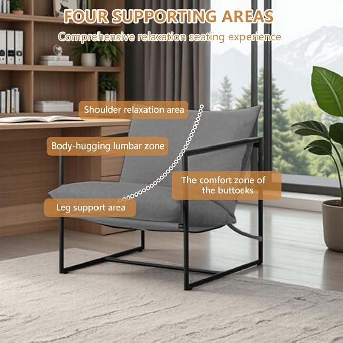 Mid-Century Modern Accent Chair Comfortable Indoor/Outdoor Lounge Chair with Cushion Armrests &amp Sturdy Iron Frame Leisure Reading Chair for Living Room Bedroom or Patio Grey