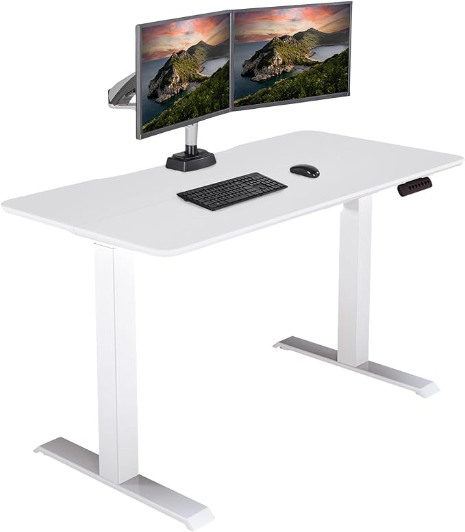 Vari Essential Electric Standing Desk for Home Office – 48x24 Sit-Stand VariDesk 4 Memory Height Presets 2-Piece Laminate Wood Top Sturdy T-Style Legs Supports 150 Lbs + Easy Assembly (White)