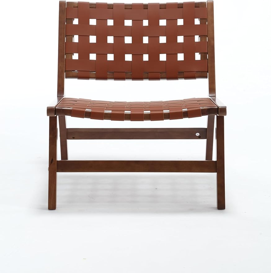 Saddle Leather Woven Leisure Chair Solid Wood Legs Suitable for Living Room Study or Balcony