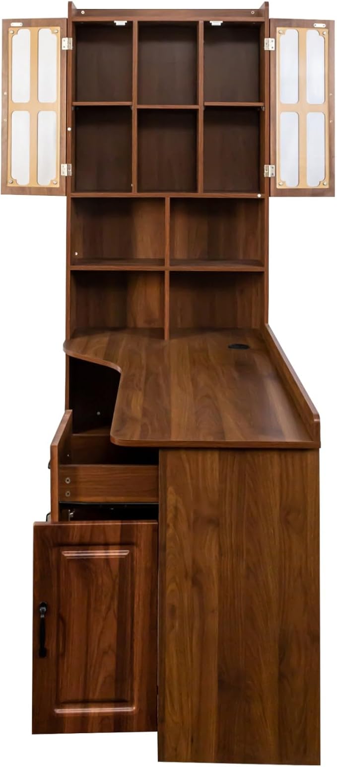 KEIKI Home Office Desks with Hutch Drawers Bookshelf Storage Cabinet &amp Glass Doors Modern Wooden Computer Corner Table for Work Study Writing