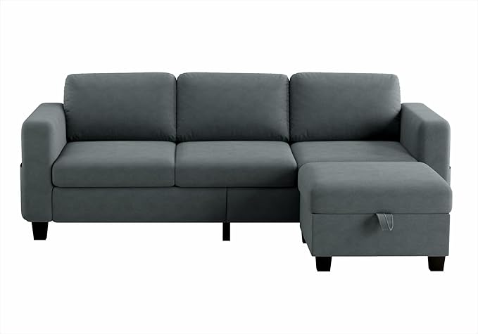 Sectional Couches for Living Room - Convertible L Shaped Couch with Storage Ottoman 3 Seater Modern Velvet Grey Sofa for Small Space Studio Basement Loft
