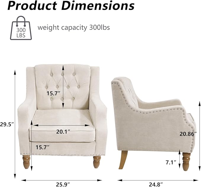Linen Accent ChairsUpholstered Button Tufted Living Room ChairMid Century Armchair Sofa ChairsComfy Reading Chair for BedroomLiving RoomStudy (Beige 2)