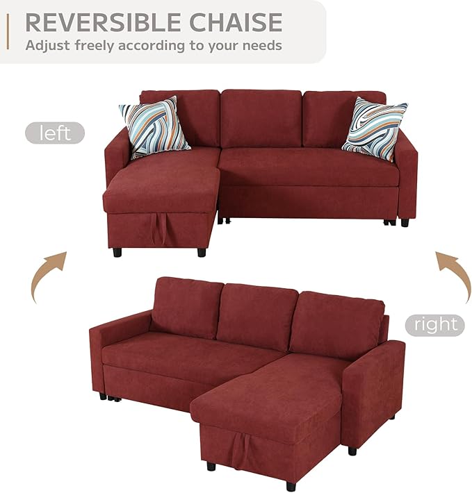 L-Shaped Sleeper Sofa with Chaise Lounge &amp Storage Pull-Out Couch Bed with Recliner Full Size Futon for Living Room Office Apartment Red