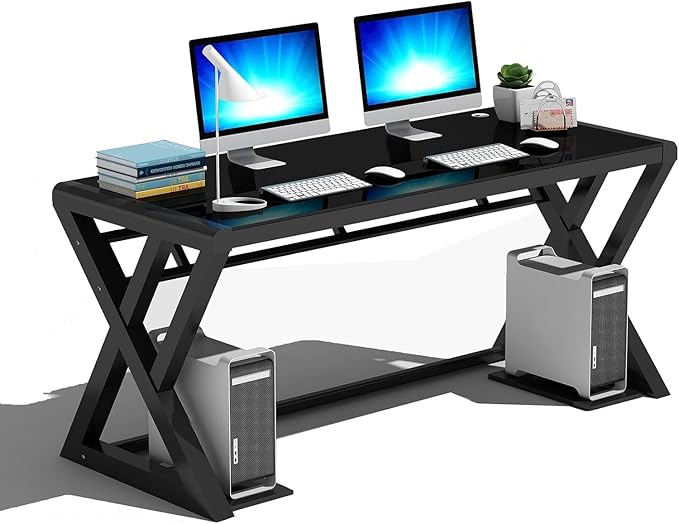 NA Glass Computer Desk with Metal Frame Home Office Desks Computer Table Modern Simple Office Study Gaming Work Writing Desk Table for Home Office Black (X-Shape-55.1inch)