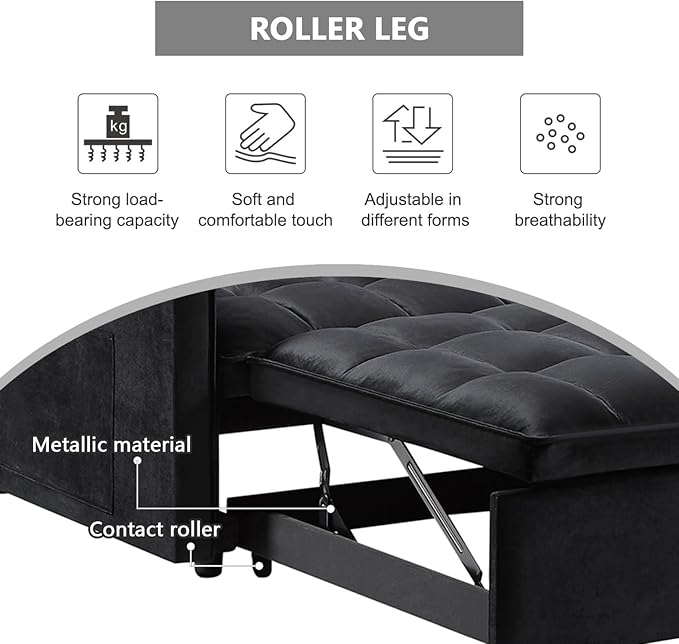 54 Convertible Sofa Bed Velvet Sleeper Sofa with Pull-Out Bed 3-in-1 Futon Couch with Reclining Backrest and Side Pocket Modern Loveseat for Living Room (Black)