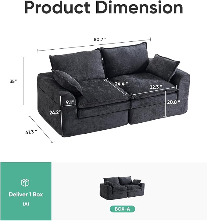 Modular Sectional Sofa80 Loveseat Boneless Couch with Deep SeatUpholstered Cloud Couch with Side PocketsNo Assembly RequiredChenilleBlack