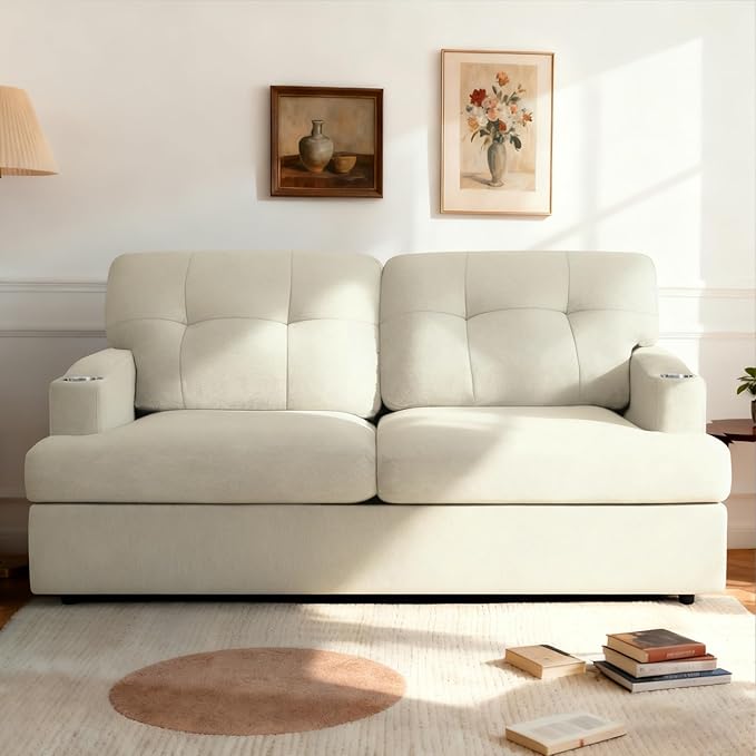 65.5 Chenille Modern Sofa with Cup Holder Tufted Upholstered Couch with Thickened Cushions Comfy 3 Seater Sofa with Deeper Seat for Living Room ApartmentBeige
