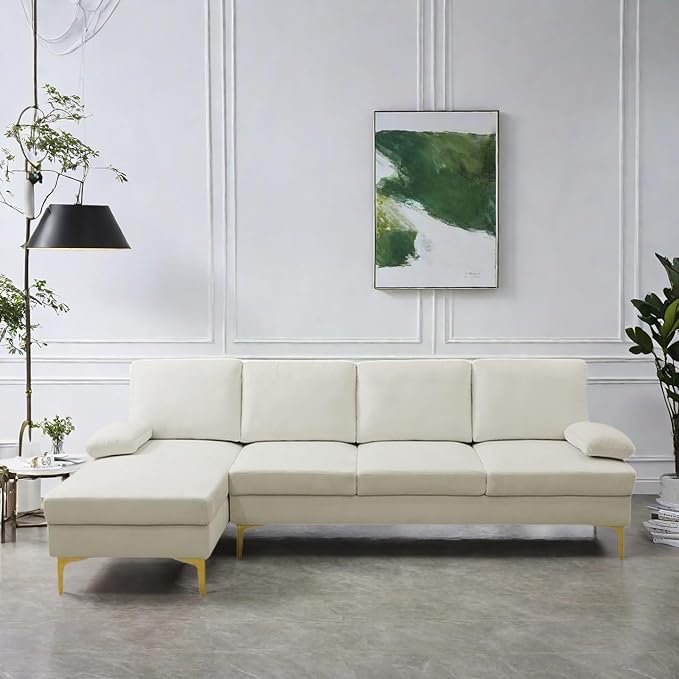 FONTOI L Shape Sofa with Chaise 4 Seat Living Room Sofa Set with Golden Wooden Leg Sectional Couch with Fluffy Fabric for Living Room Apartment Off-White