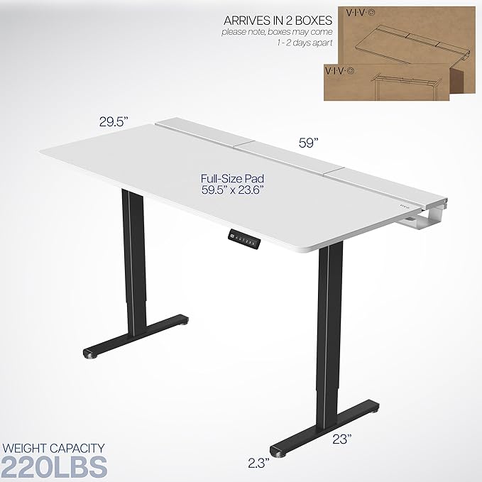 VIVO Electric 60 x 30 inch Standing Desk with Concealed Cable Trays and Full-Size Mouse Pad Dual Motor Memory Controller Height Adjustment White Top Black Frame DESK-KIT-E2B-P3W