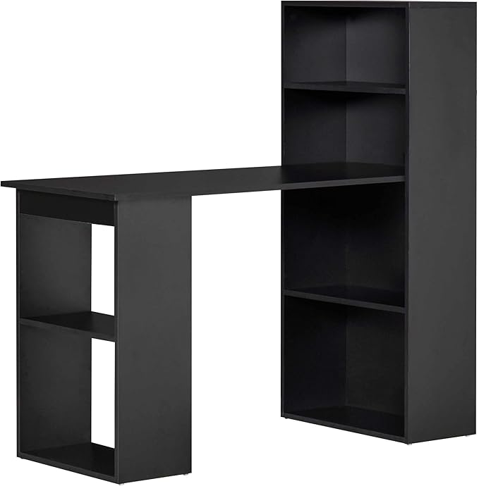 Modern Home Office Desk with 6 Tier Storage Shelves 47 Writing Table with Bookshelf Black