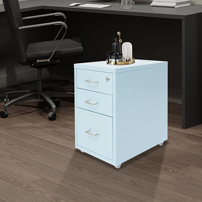 3 Drawer Vertical File Cabinet Rolling Filing Cabinets with Lock Mobile Steel Office Storage Cabinet Under Desk with Wheels for Home Office Letter Files Organization Blue
