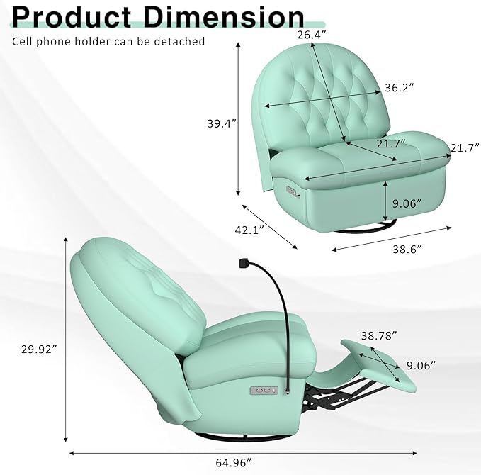 Kinfant Power Swivel Rocker Recliner Chair Swivel Rocking Sofa with Button Control Phone Holder &amp USB Ports for Living Room Bedroom (Green)