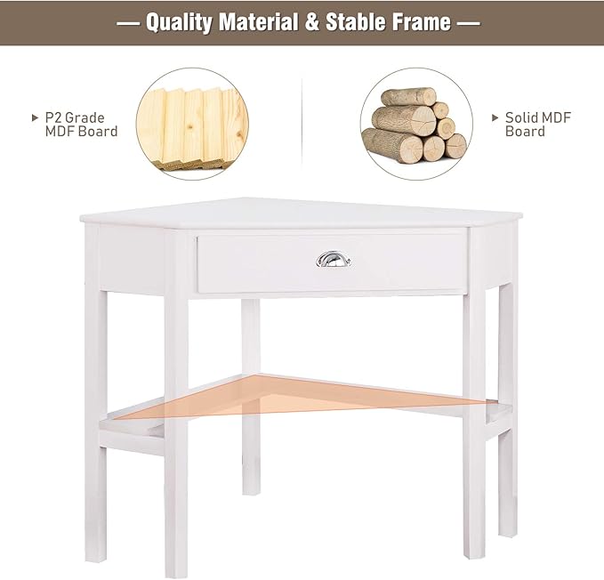 COSTWAY Corner Desk Writing Corner Computer Desk with Drawer for Small Space Wood Makeup Vanity Desk Small Corner Desk with Shelves Office Study Workstation White Corner Desk (White)