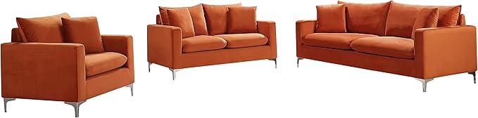 Meridian Furniture 633Cognac-L Naomi Collection Modern | Contemporary Velvet Upholstered Loveseat with Deep Channel Tufting and Rich Gold Stainless Steel Legs Cognac 58 W x 33.5 D x 30 H