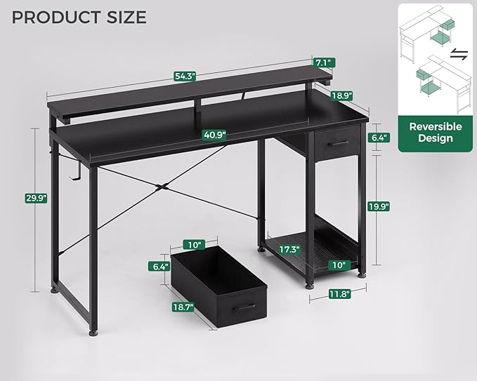 AODK Gaming Desk with LED Lights 55 Inch Computer Desk with Drawers Reversible Small Desk with Monitor Stand &amp Headphone Hook for Home Office Black